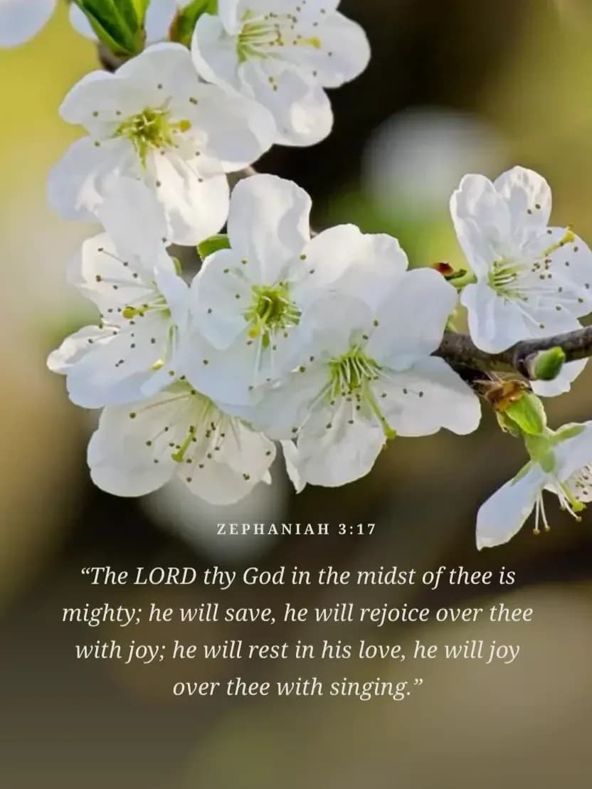 A white blossom wallpaper with a verse from Zephaniah, at tablet proportions
